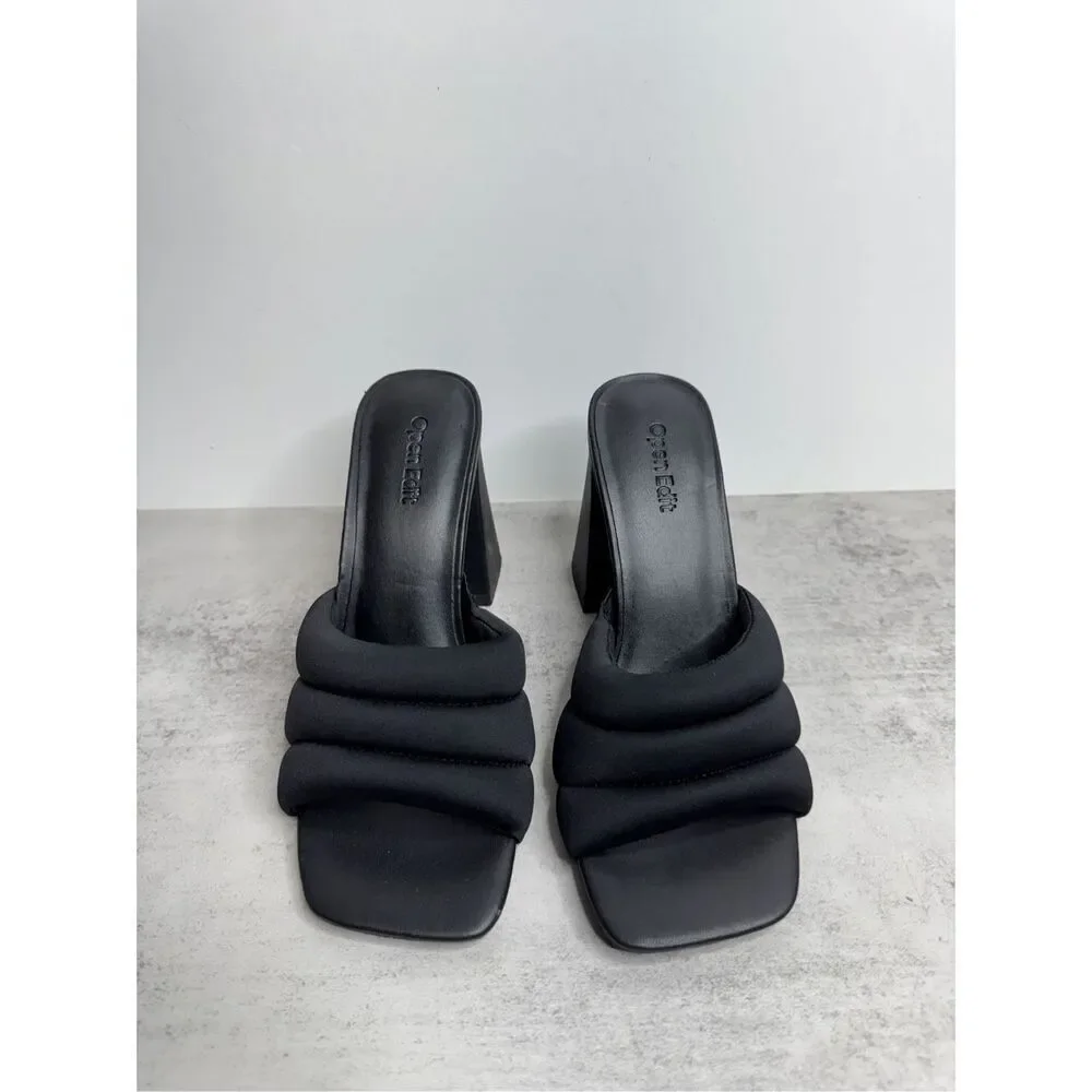 Open Edit Sandals Size 6.5 Black Open Toe Block Heel‎ Fabric Upper